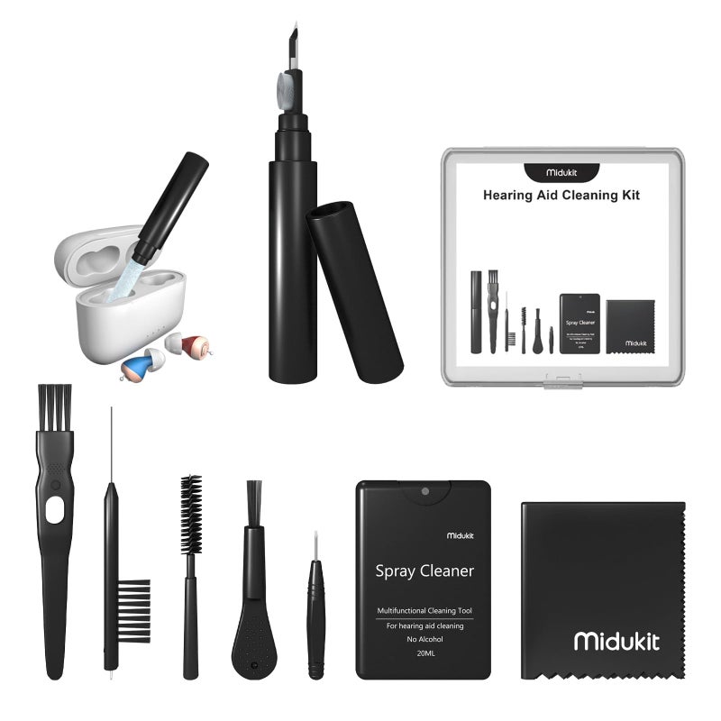 Premium Hearing Aid Cleaning Kits - Compatible with Rechargeable Hearing Aid with Bluetooth, Oticon, Phonak, Hearing Aid Cleaning Tools with Pen, Spray, Brush, Cloth, Hearing Aid Supplies Accessories